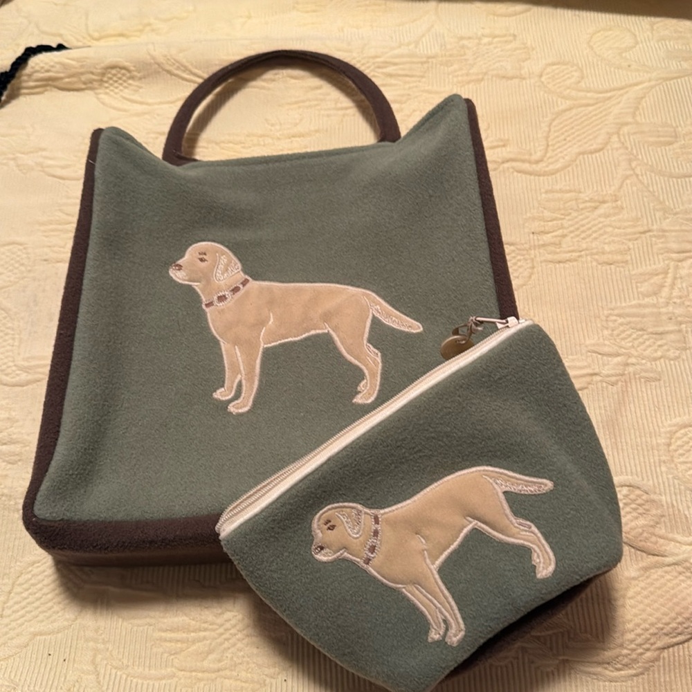 Everwood Paris  Wool Felt Appliqué Yellow Labrador Purse & Travel Bag set